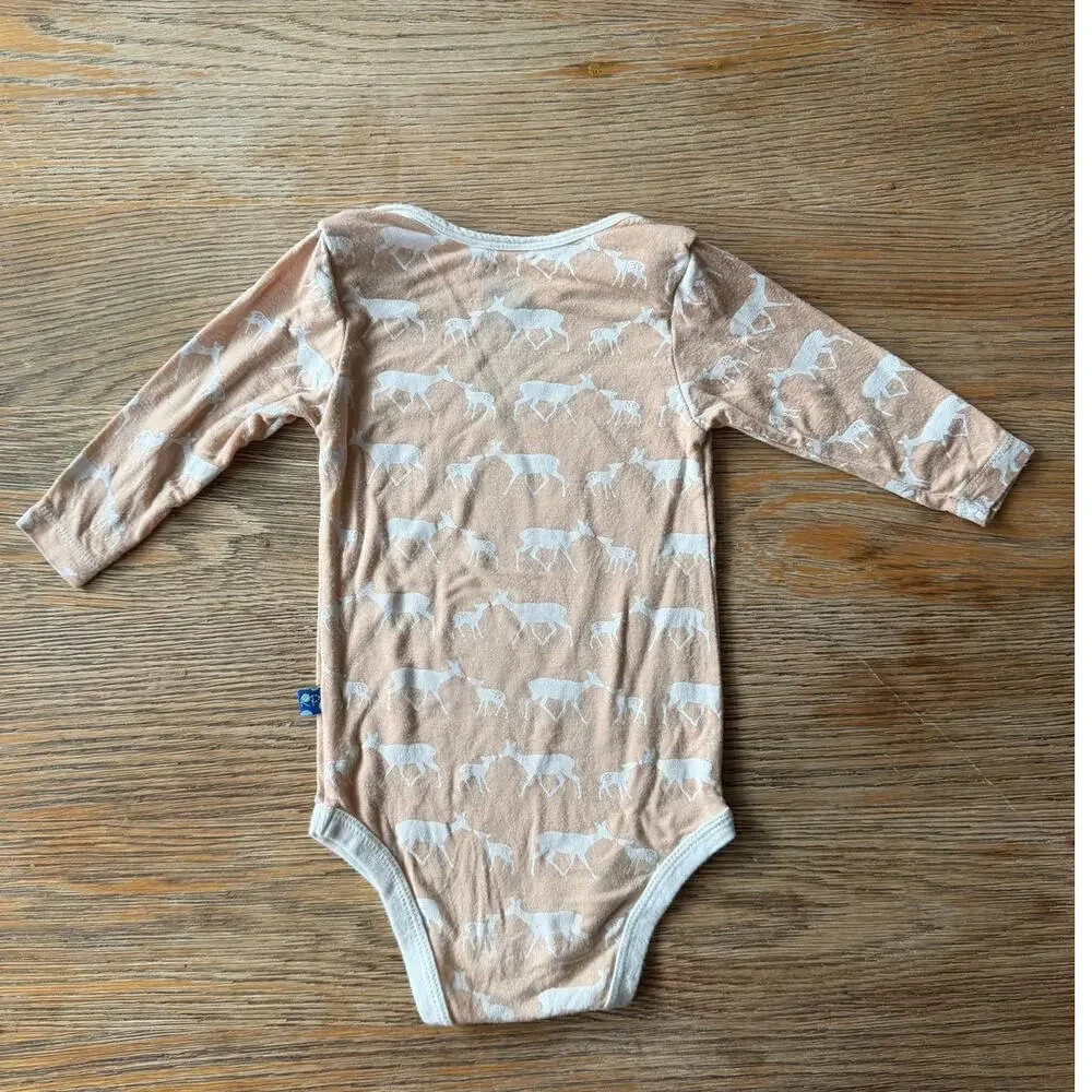 Kickee Pants Long Sleeve Bodysuit Baby 12-18M Peach Deer Print Bamboo
